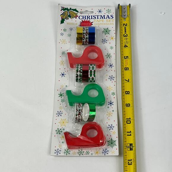 Vtg Christmas Tape Set 3 Mini Dispensers Foil & Patterned Rolls 1990s Taiwan - Picture 3 of 8